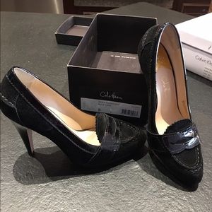 Black suede heeled loafers